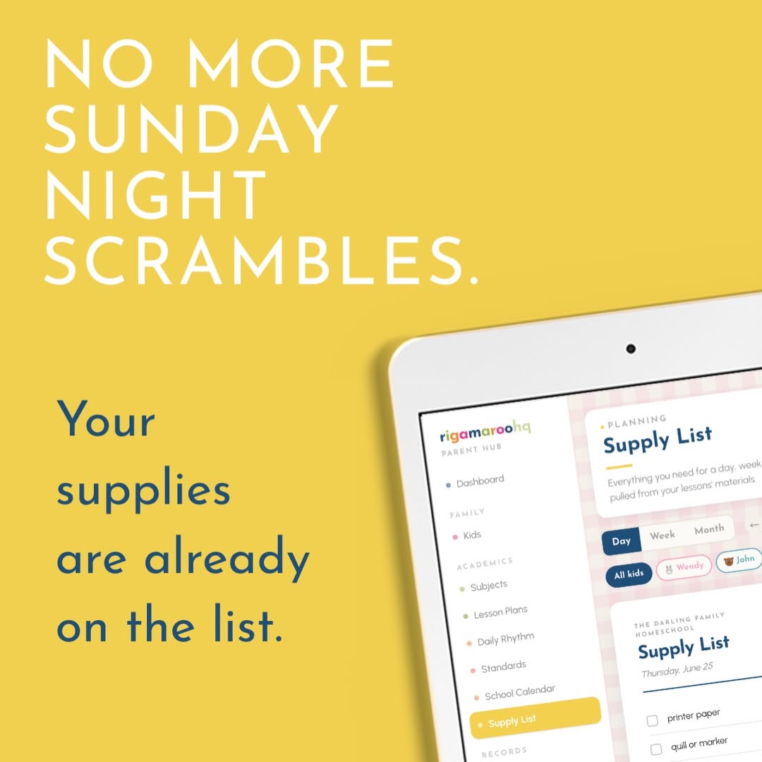 Rigamaroo supply list feature on a tablet — no more Sunday night scrambles