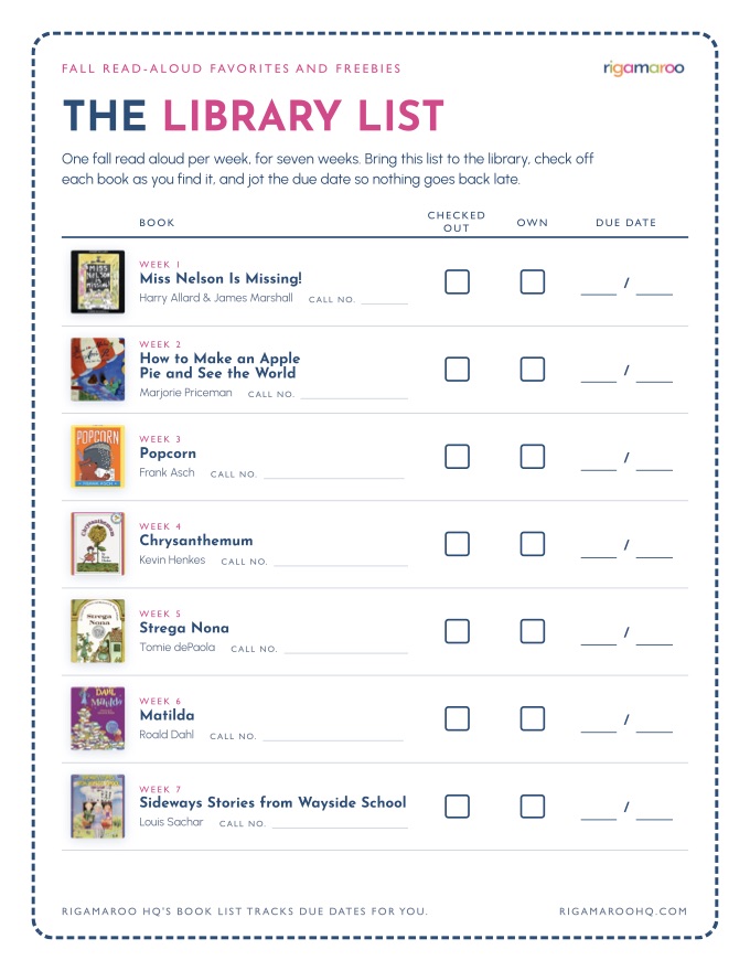 The Library List printable: seven fall read-alouds with their covers, and columns for checked out, own, and due date