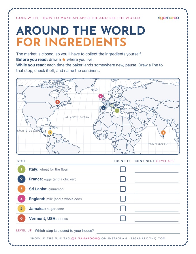 Around the World for Ingredients: a world map with the baker’s six stops numbered, and a table to check off each country and name its continent