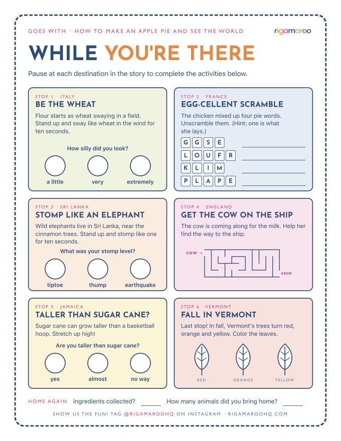 While You’re There: six activities, one for each stop, including being the wheat in Italy, an egg-cellent scramble in France, and a maze to get the cow on the ship