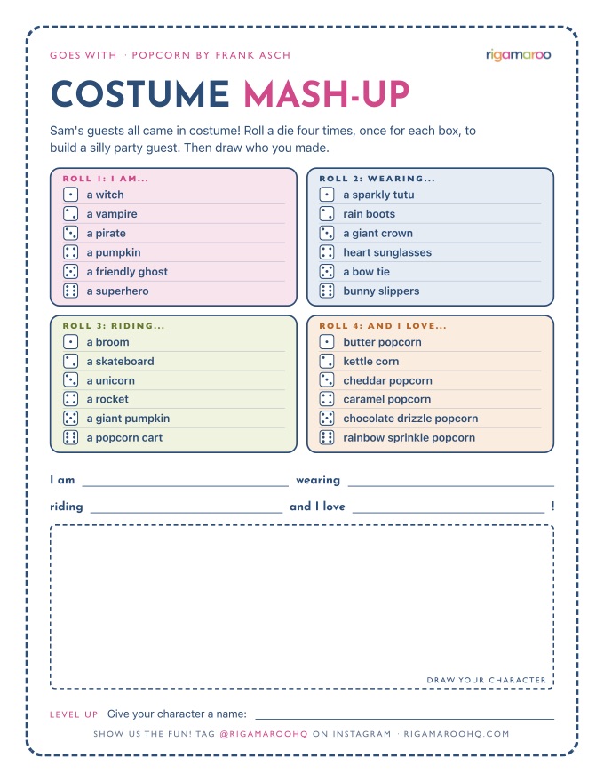 Costume Mash-Up: four lists to roll a die against for who you are, what you are wearing, what you are riding and what you love, then a box to draw the guest you made