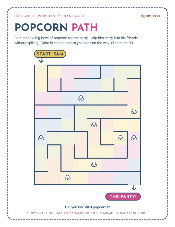 Popcorn Path: a maze from Sam to the party, with eight popcorn pieces to colour in along the way