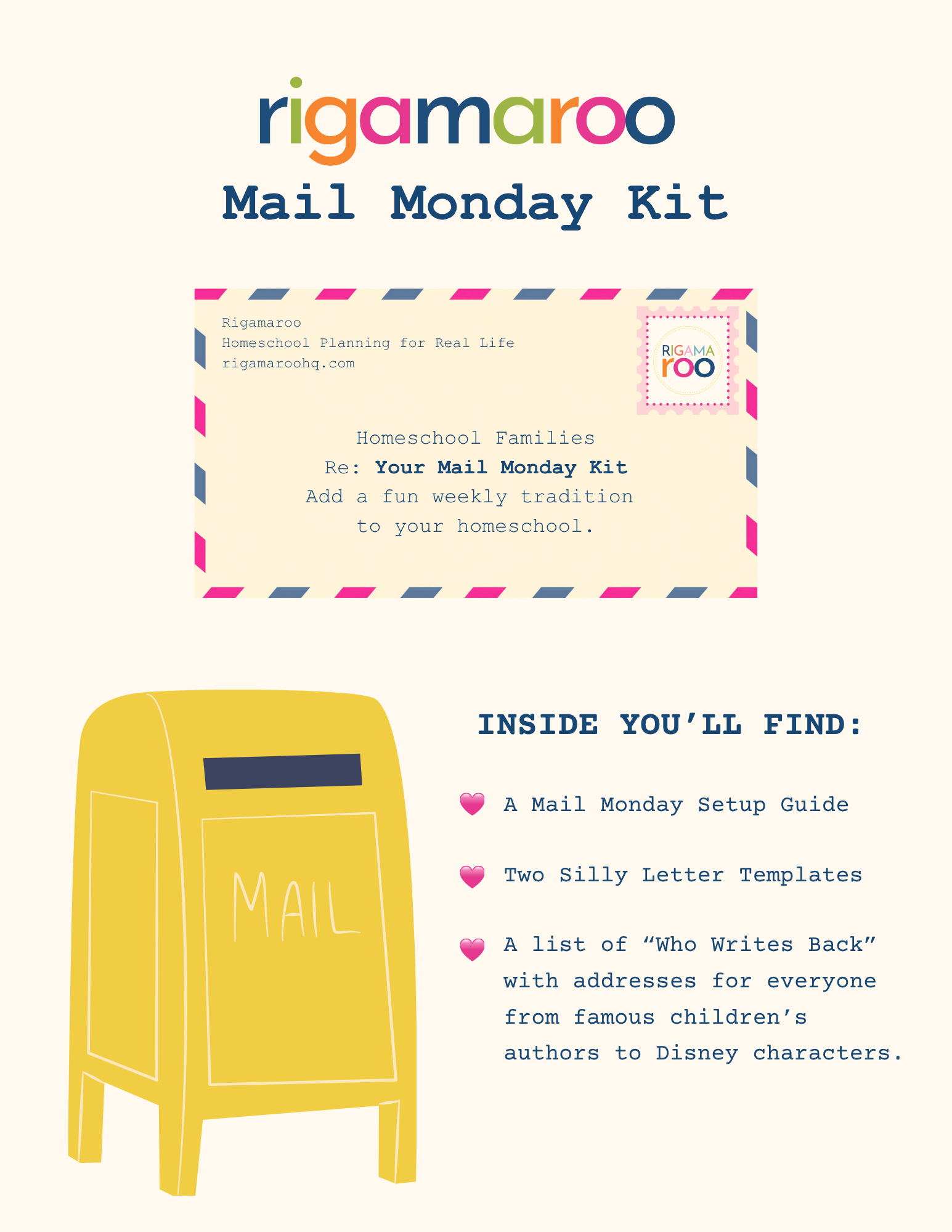 The Mail Monday Kit cover: an airmail envelope addressed to homeschool families beside a yellow mailbox, listing a setup guide, two silly letter templates, and a Who Writes Back address list