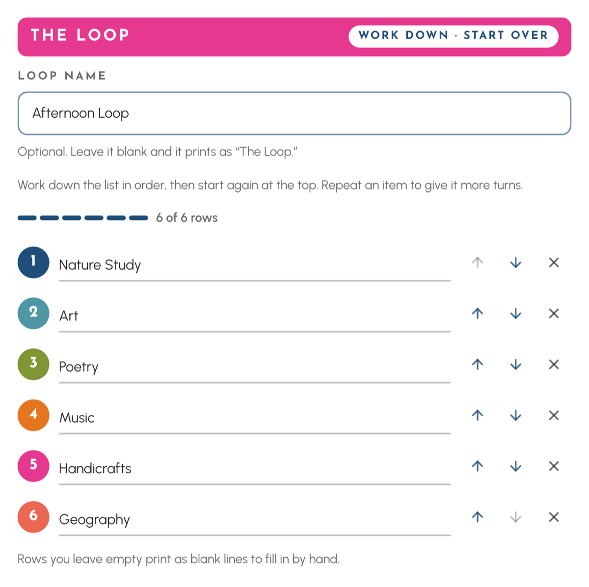 The loop schedule builder with an Afternoon Loop filled in: six subjects numbered in the order they come round, each with controls to reorder or remove it