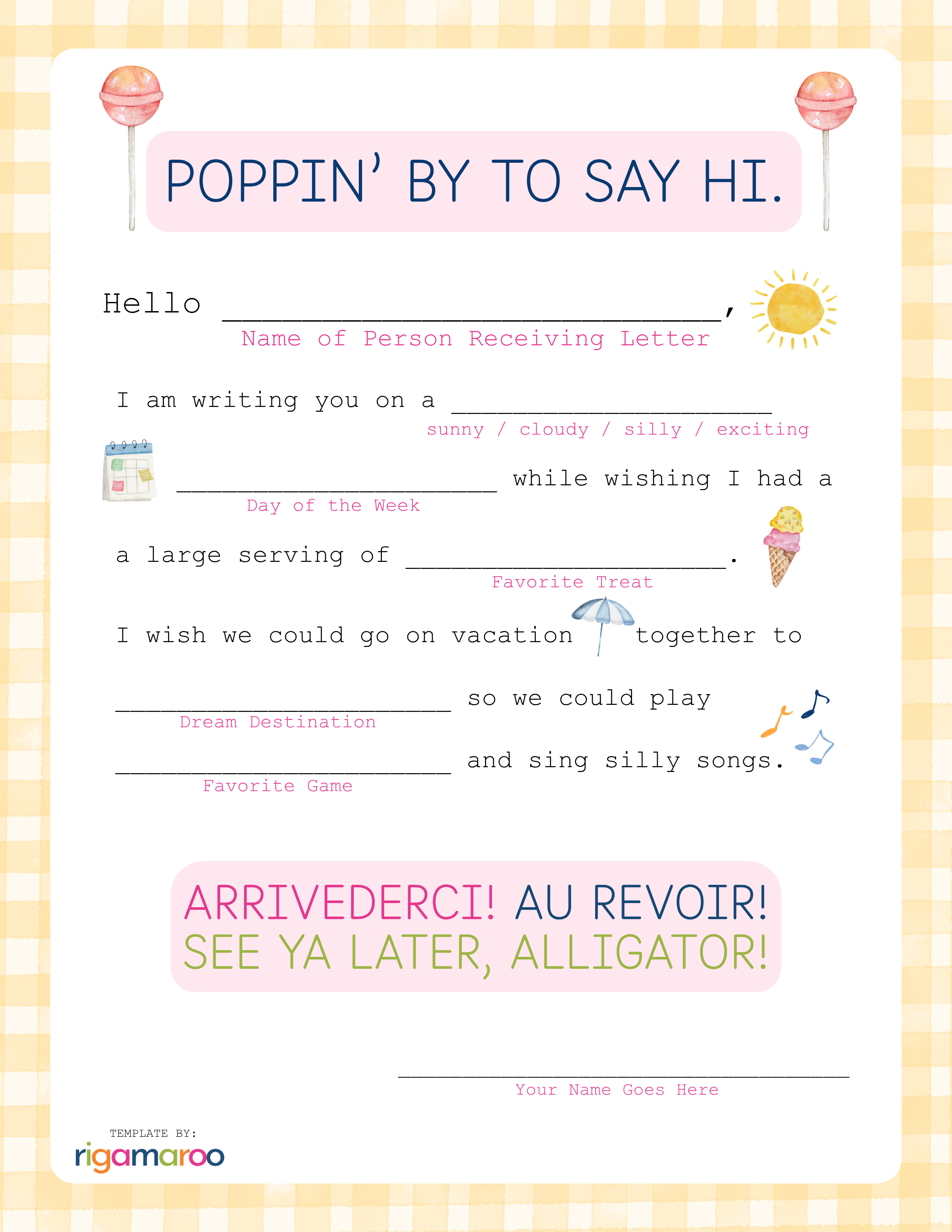 A fill-in-the-blank letter headed “Poppin’ by to say hi”, with watercolor lollipops and blanks for a favorite treat and a dream destination